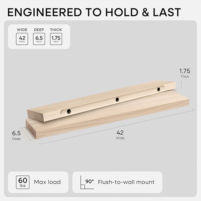 Homeforia 42 inch Wood Floating Shelf, High End Solid Natural Wood 42inch Large - Image 2