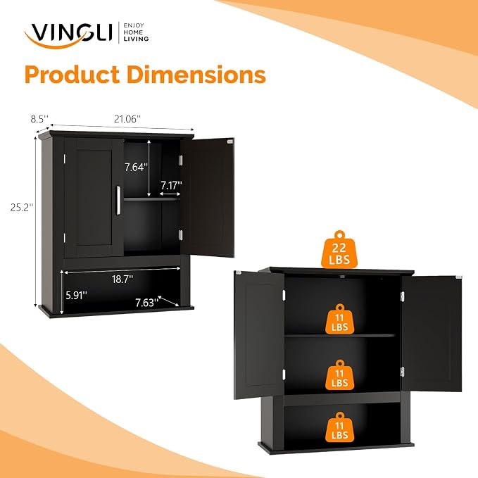 VINGLI Bathroom Wall Cabinet, Adjustable Hanging Storage Organizer Over Toilet - Image 3