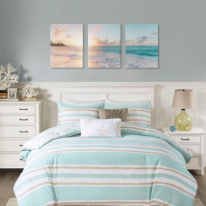 Goldfoilart 3 Pieces Beach Wall Art Sunset Bathroom Canvas Pictures Ocean Wall - Image 3