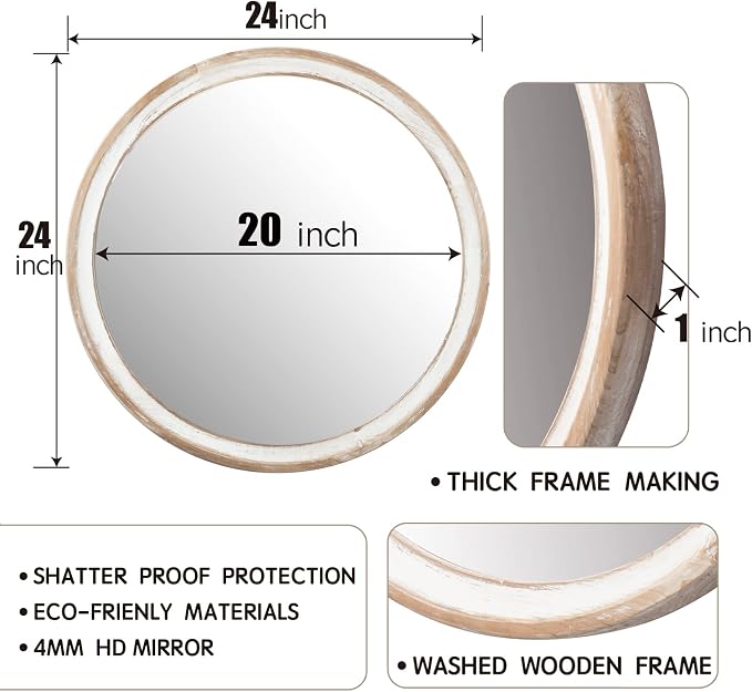 Reflinto 24 Inch Rustic Farmhouse Round Wall Mirror - Image 3