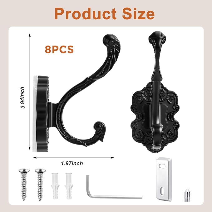 Zonon 8 Pcs Black Wall Hooks Set Vintage Coat & Towel Hooks - Image 2