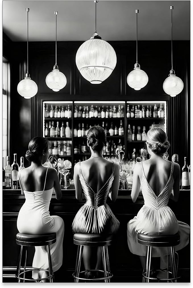 Vintage Black and White Canvas Wall Art Trendy Women Drink Cocktail Posters by FuSatisYilife