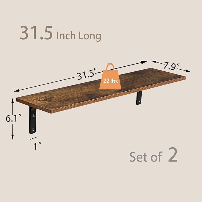 DINZI LVJ Long Wall Shelves, 31.5 Inch Wall Mounted Shelves Set of 2, - Image 3