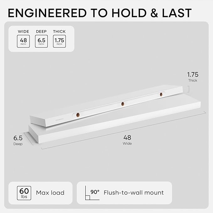 Homeforia White Floating Shelf 48 inches, High End Solid Real Wood 48inch Long - Image 2
