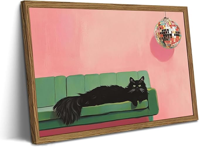 Funny Black Cat Wall Art, Cute Animal Wall Decor Painting, Eclectic Disco Ball by WARTHZwallart