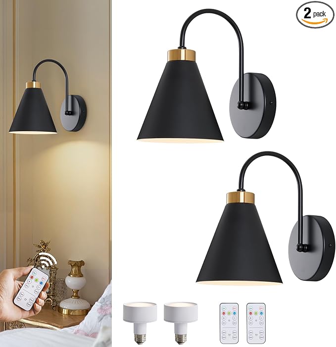 Powfloven Vintage Rechargeable Wall Sconces Set of 2, Battery Operated Bedside by Powfloven
