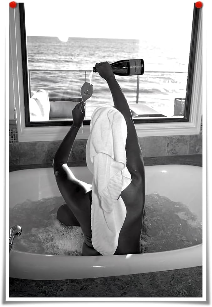 Trendy Black and White Posters Funny Woman Drinking Wine in Bathtub Wall Art - Image 2
