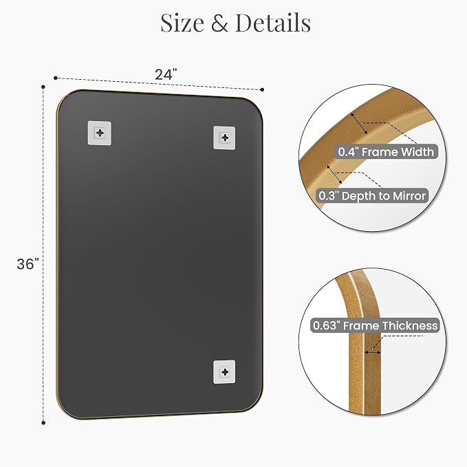 24x36 Inch Matte Gold Bathroom Vanity Mirrors | Flush Mount Deep Set Metal Wall - Image 7