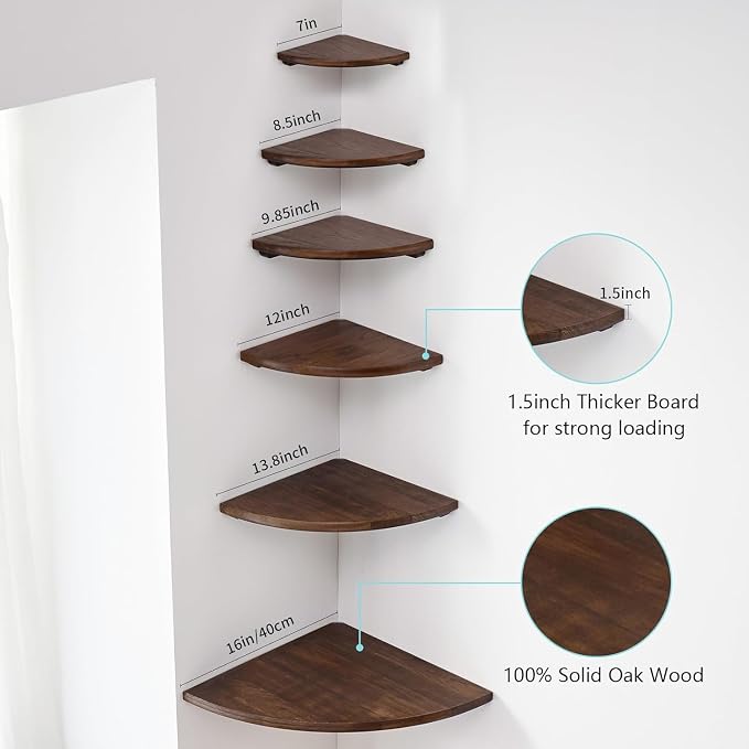 Corner Shelf, 14inch Walnut Solid Wood Floating Corner Shelves Wall Mount Round - Image 6