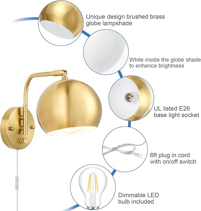 VATONI Wall Sconces Plug in, Dimmable Wall Sconce Swing Arm Wall Lights - Image 4