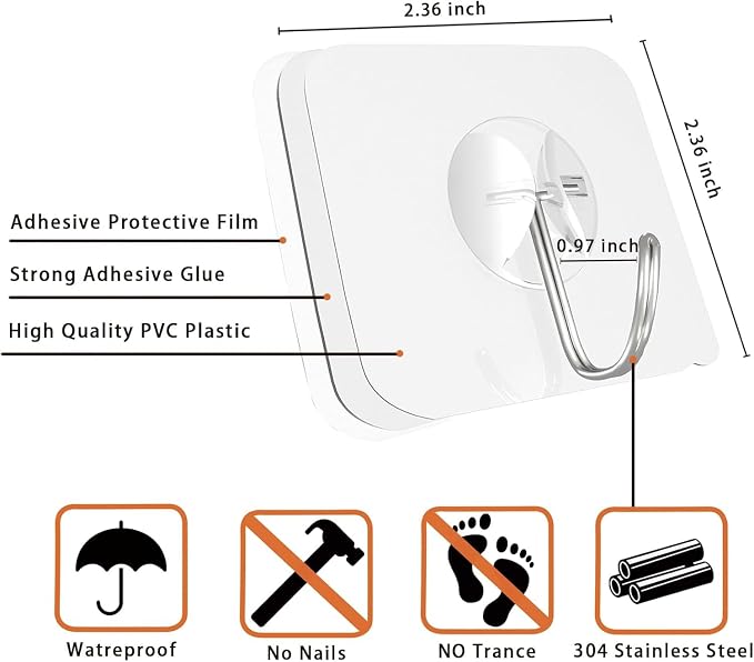 Latoxcaa Heavy Duty Adhesive Hooks 20-Pack: Holds 22lb, Strong Reusable & - Image 2
