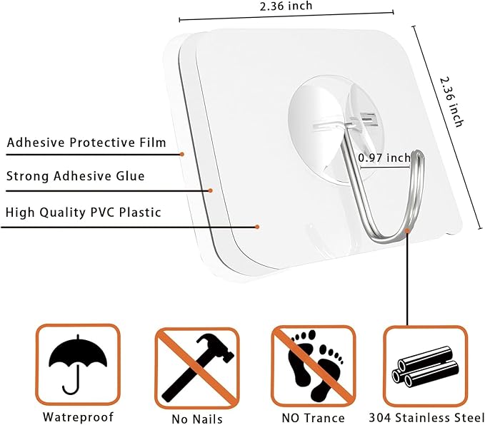 Latoxcaa Heavy Duty Adhesive Hooks 30-Pack: Holds 22lb, Strong Reusable & - Image 4