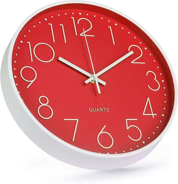 Wall Clock 12 Inch Non-Ticking Silent Modern Simple Style Round Decor Clock Red - Image 2