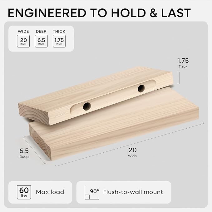 Homeforia 20 inch Wood Floating Shelves, High End Solid Natural Wood 20inch - Image 2