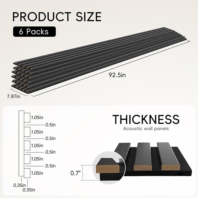 EVERECO 6 Pack Wood Slat Acoustic Wall Panels 92.5" × 7.87", 3D Sound Absorbing - Image 2