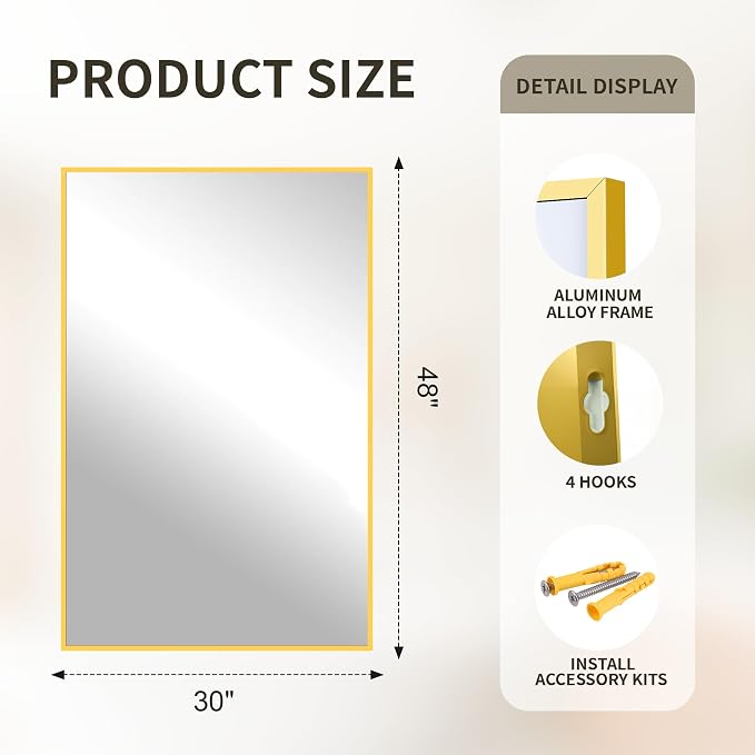 FICTOR Bathroom Vanity Mirror-Gold, 48x30 Inch, Shatterproof & Anti-Rust - Image 2