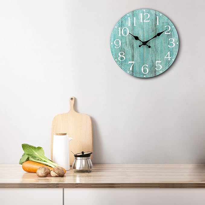 Wall Clock, Teal Silent Non-Ticking Battery Operated, Kitchen Rustic Vintage - Image 7
