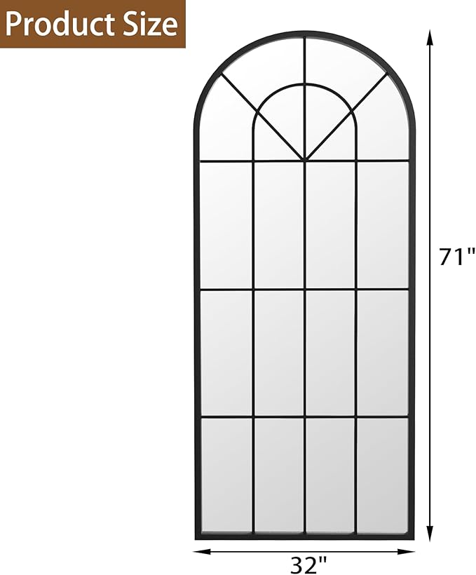Full Length Mirror, Large Body Arched Wall Mounted Window Pane Mirrors - Image 4