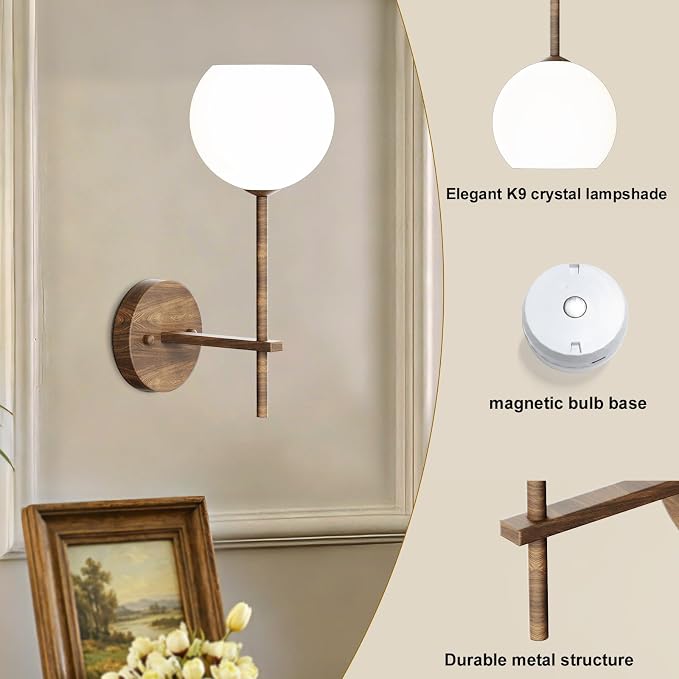 Walnut Grain Battery Operated Wall Sconces Set of 2, Rechargeable Wireless Wall - Image 8
