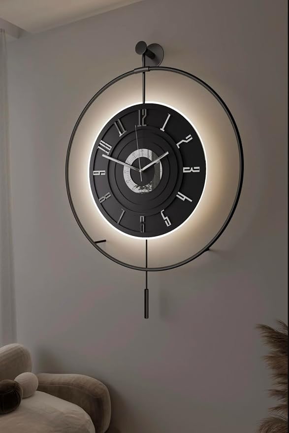 Large Luxury LED Backlit Wall Clock – Pendulum Roman Numeral Metal Ring by Unknown