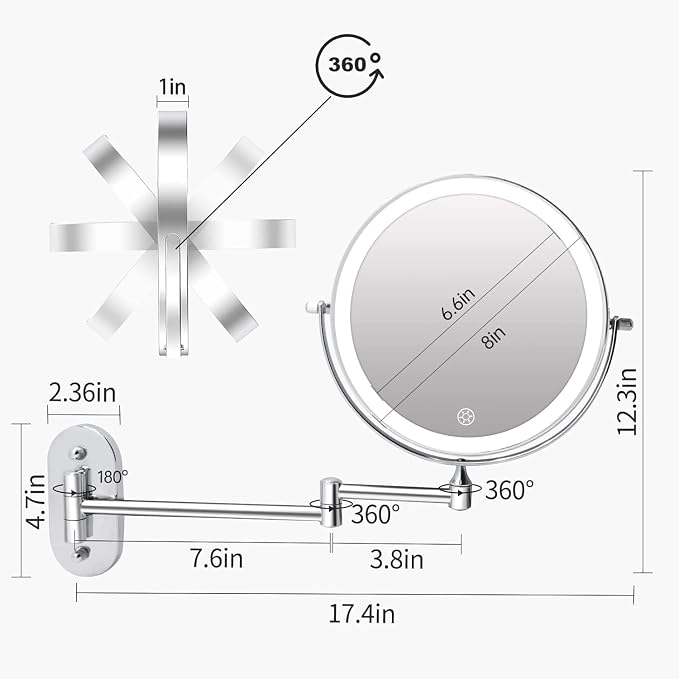 FUNTOUCH 5000mAh Rechargeable Wall Mounted Lighted Makeup Vanity Mirrors - Image 6