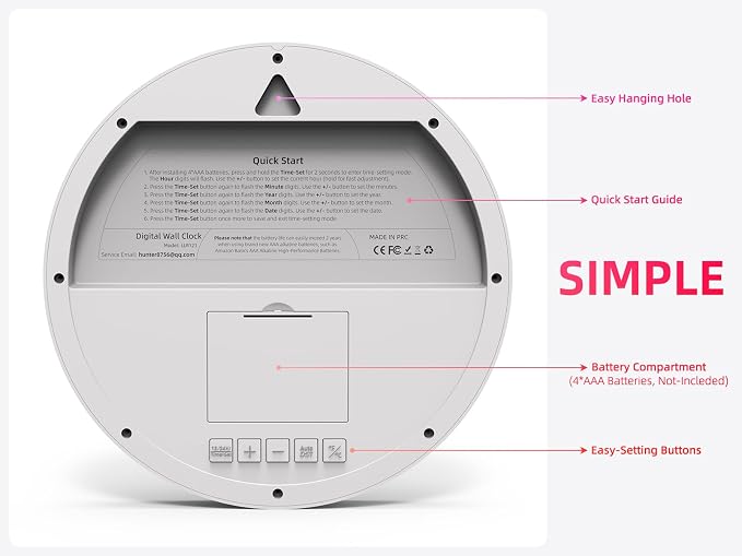Digital Wall Clock with Date, Indoor Temperature, Battery-Operated Digital Clock - Image 3