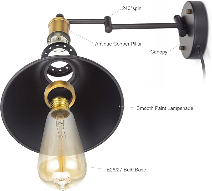 Swing Arm Wall Lamp Plug-in Cord Industrial Wall Sconce, Bronze and Black Finish - Image 4