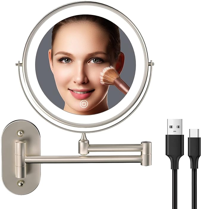5000mAh Rechargeable Wall Mounted Lighted Makeup Vanity Mirror, Double Sided 1X by FUNTOUCH
