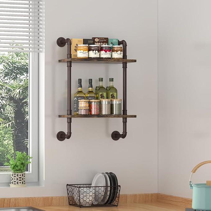 Helsin 2 Tier Industrial Pipe Floating Bathroom Shelves, 16inch Rustic Wood - Image 4