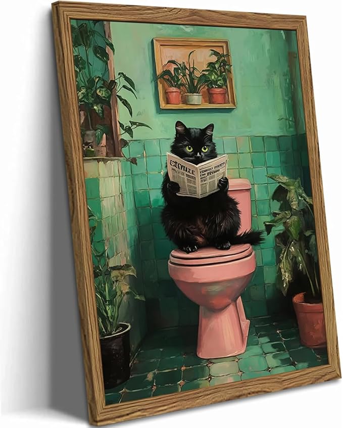 Funny Bathroom Cat Wall Art, Humorous Black Cat Restroom Wall Decor Paintings by WARTHZwallart