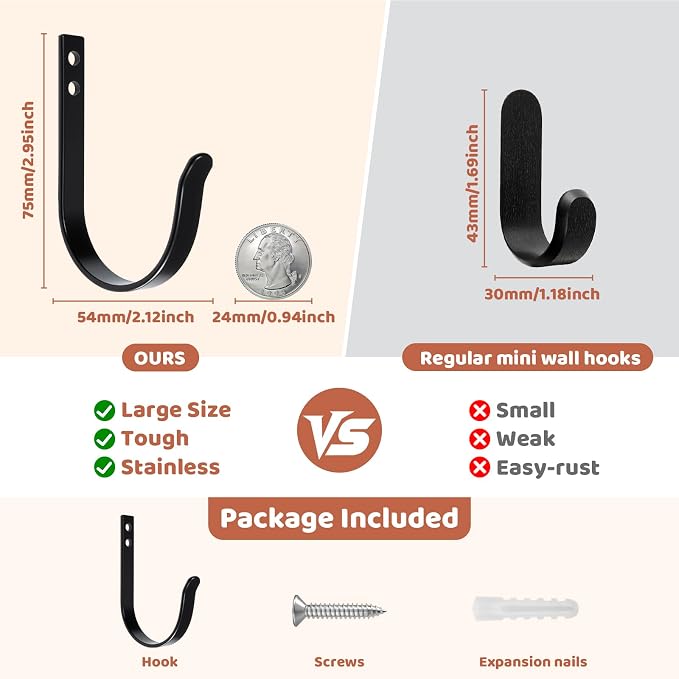 12 Pcs Wall Hooks for Hanging, Large Coat Hooks Wall Mount, Heavy Duty Screw in - Image 4