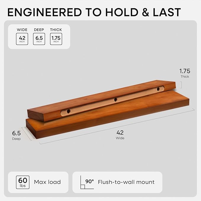Homeforia Oak Floating Shelves 42 inch Long, High End Solid Real Wood 42inch - Image 2