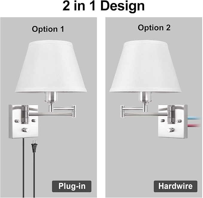TRLIFE Wall Sconce Plug in, Dimmable Wall Sconces Set of 2 Brushed Nickel Swing - Image 8