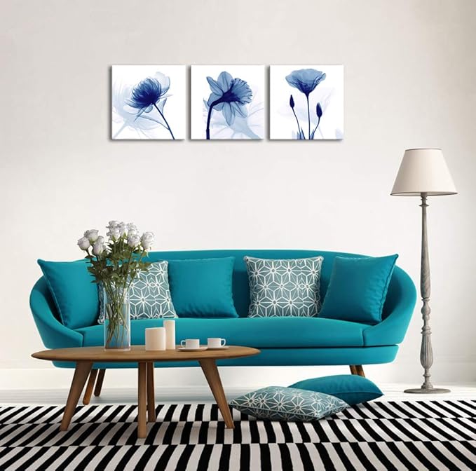 Wieco Art Blue Abstract Flowers 3 Panels Giclee Canvas Prints Wall Art Modern - Image 2