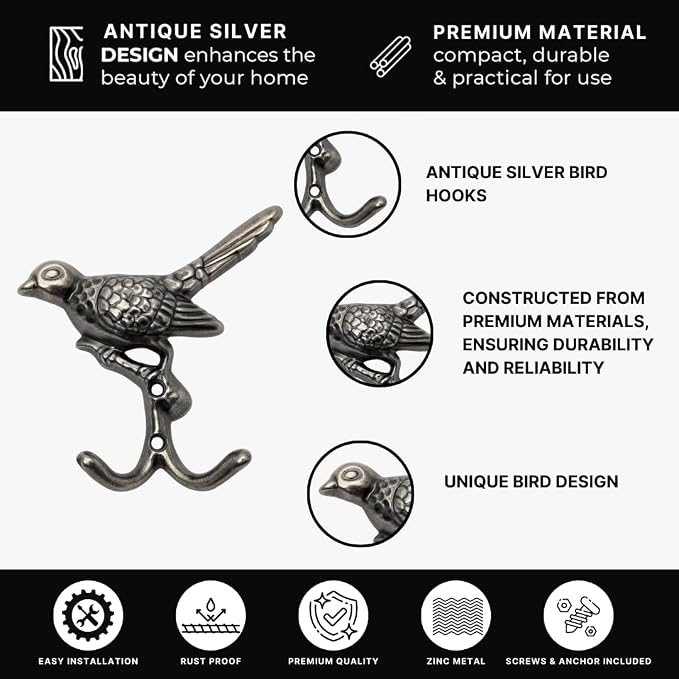 12 pcs Antique Silver Bird Decorative Wall Hooks - Image 5