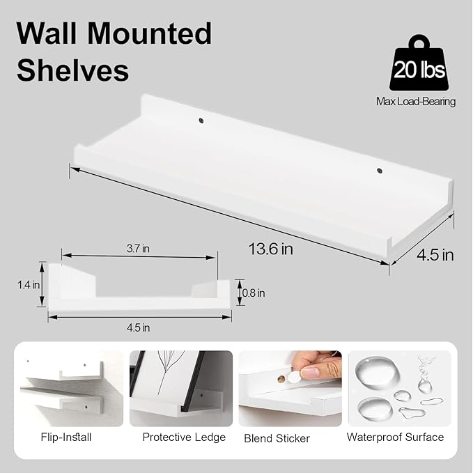 White Floating Shelves for Wall Decor, Wall Mounted Wood Storage Shelf for - Image 3