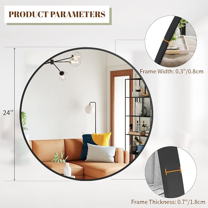BEAUTYPEAK 24 Inch Round Mirror, Metal Frame Circle Mirror, Wall Mounted - Image 3