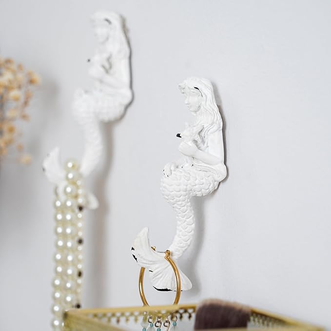 SOFFEE DESIGN 2pcs White Mermaid Shape Metal Coat Hooks, Playful 3D Mermaid - Image 4
