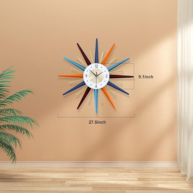 FIELDY Large Wall Clock 27.5 Inch Mid Century Wall Clocks Starburst Clock Non - Image 6