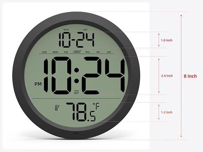 Digital Wall Clock with Date, Indoor Temperature, Battery-Operated Digital Clock - Image 3