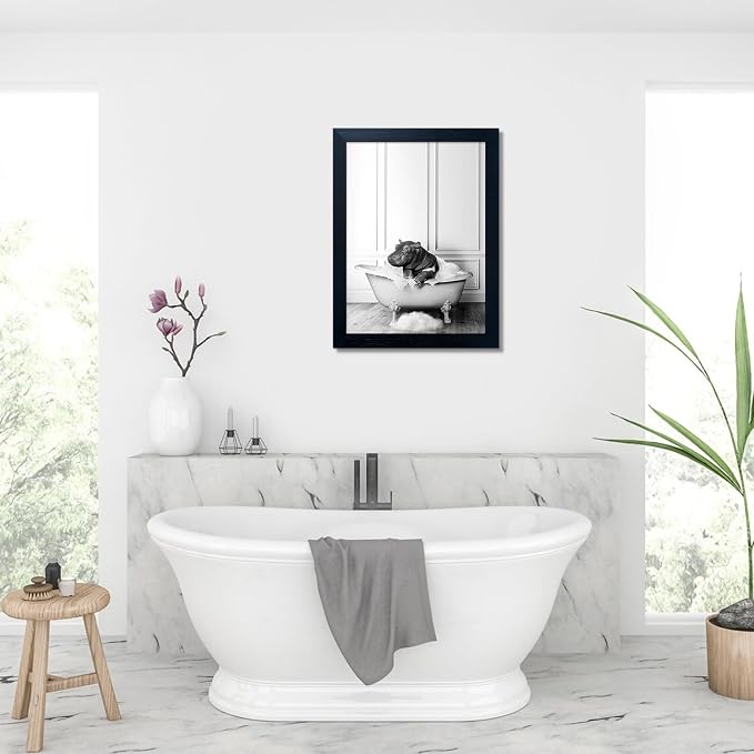 Black and White Bathroom Decor Funny Hippo in Bathtub Wall Art Framed Humor - Image 9