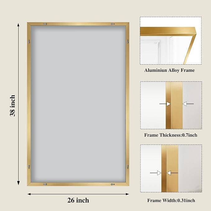 Koonmi Gold Mirrors for Wall, 26x38 Inch Bathroom Mirror, Rectangular Wall - Image 2
