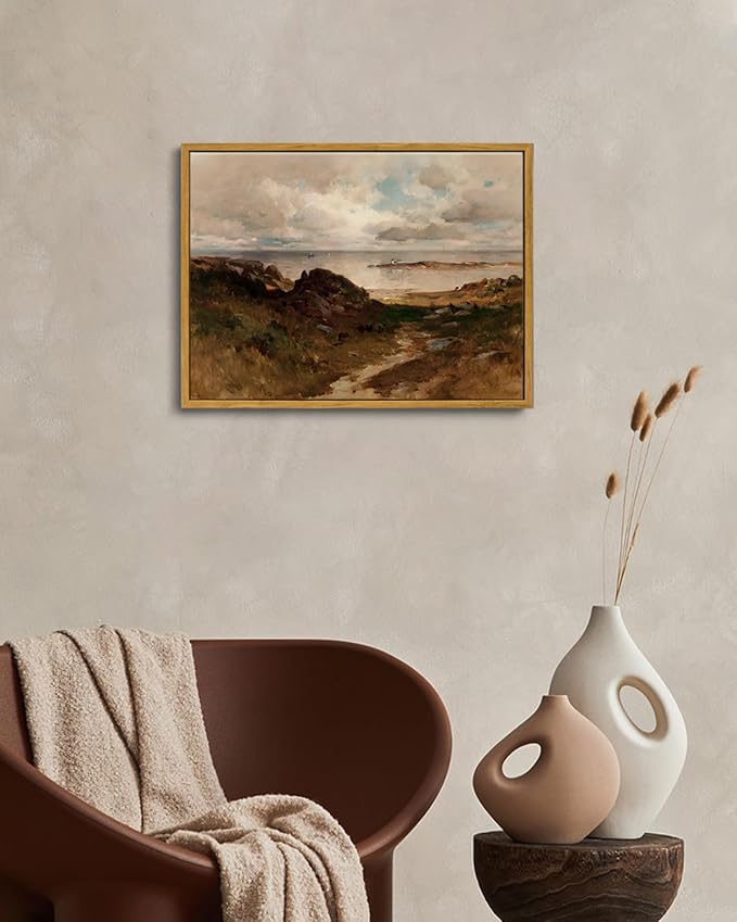 OIQArtOIQ Framed Vintage Landscape Wall Art Coast Natural Scenery Oil Painting - Image 2