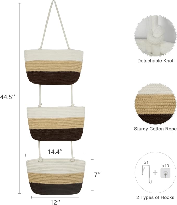 TeoKJ Over the Door Hanging Basket, 3-Tier Woven Cotton Wall-Mounted Storage - Image 2