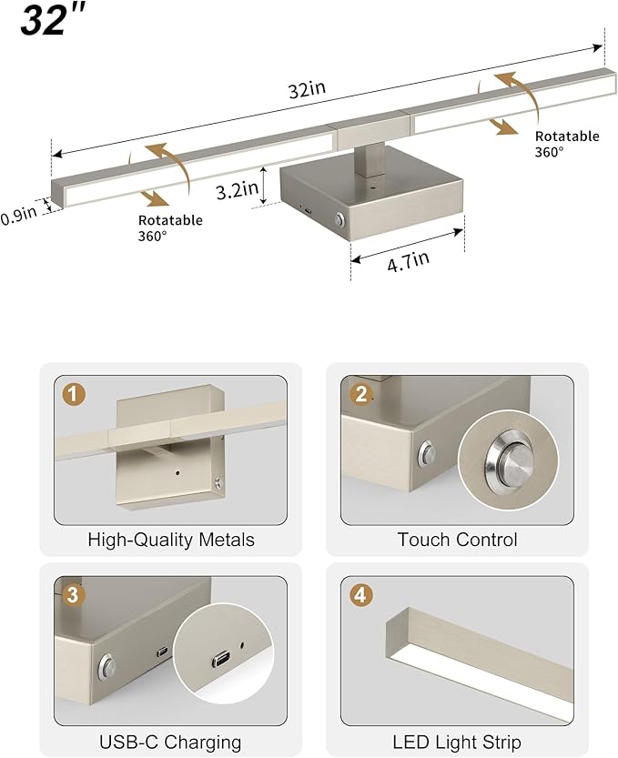 Rayogale 32 Inch Rechargeable Battery Operated Wall Sconce Set of Two, Cordless - Image 4