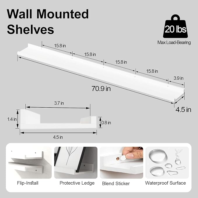 White Floating Shelves for Wall Decor, Long Wall Mounted Storage Shelf for - Image 2