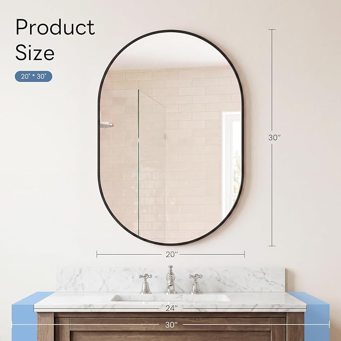 DUMOS 20" x 30" Oval Bathroom Mirror, Tempered Glass, Morden Vanity Mirror - Image 3