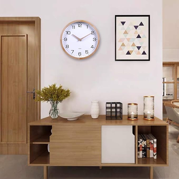 Kesin 12 Inches Wooden Round Silent Wall Clock White Wood Wall Clocks Analog - Image 2