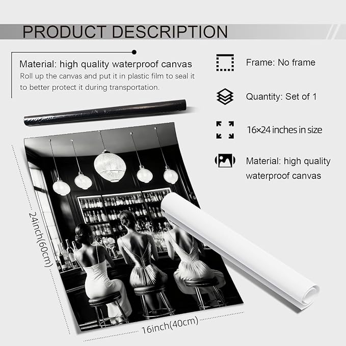 Vintage Black and White Canvas Wall Art Trendy Women Drink Cocktail Posters - Image 2