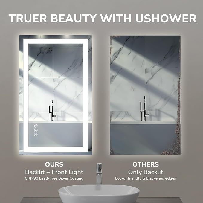 USHOWER LED Bathroom Mirror 40x24 Inch Tempered Glass - Image 3